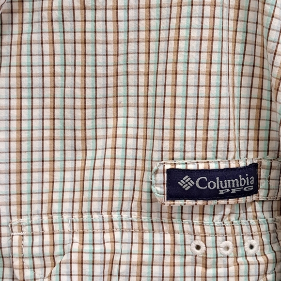 Columbia Sportswear PFG Shirt Men's Large White Tan Green Check Fishing Gear - Picture 11 of 14
